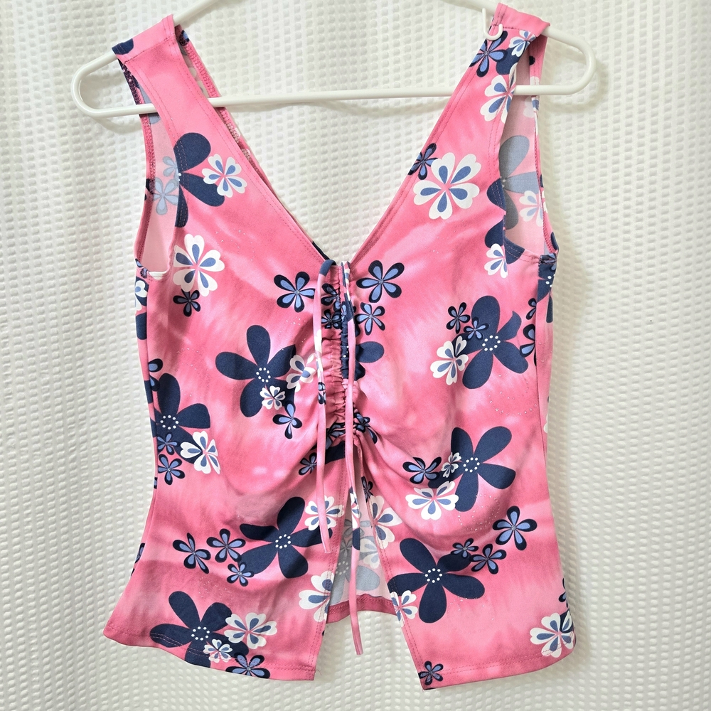 Y2K Pink Floral Ruched Front Tank Top